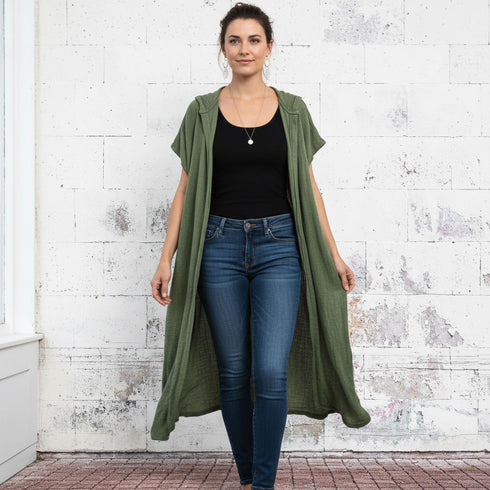 Cardigan Aura din Pânză Topită de bumbac - verde padure