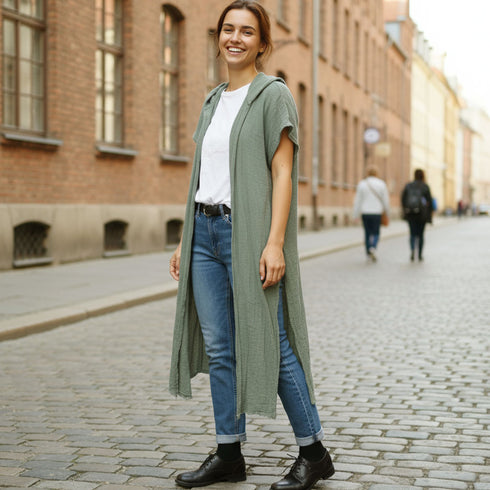 Cardigan fara maneci din panza topita de bumbac cu capa si falduri stil boho-chic Foxenia