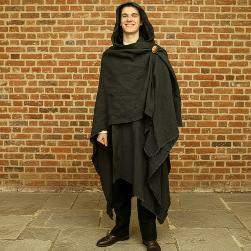 Pelerina medievala tip poncho cu gluga din canepa si bumbac maro pamantiu stil Jedi Foxenia