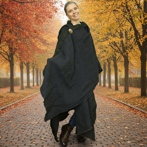 Pelerina medievala tip poncho cu gluga din canepa si bumbac maro pamantiu stil Jedi Foxenia