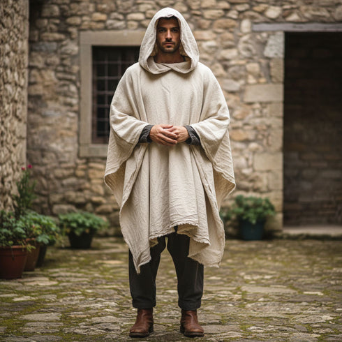 Poncho medieval unisex din in si bumbac cu gluga spatioasa si margini brute culoare natur Foxenia