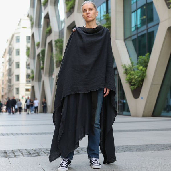 Pelerina medievala tip poncho cu gluga din canepa si bumbac maro pamantiu stil Jedi Foxenia