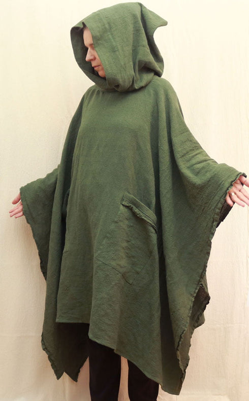Poncho medieval din țesătură de cânepă. Mantie cu glugă boho