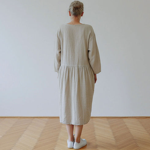 Tunica dama din in prespalat bej/natur cu buzunare croiala relaxata produs in Romania Foxenia