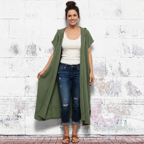 Sleeveless poncho in cotton fused canvas. Unisex kimono. Beach kimono. Women's cardigan. Men's cardigan