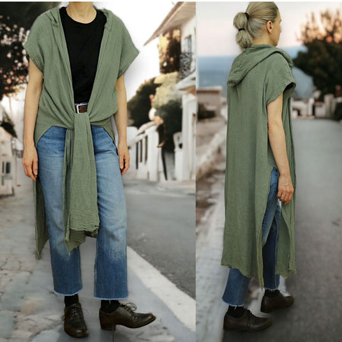 Cardigan fara maneci din panza topita de bumbac cu capa si falduri stil boho-chic Foxenia