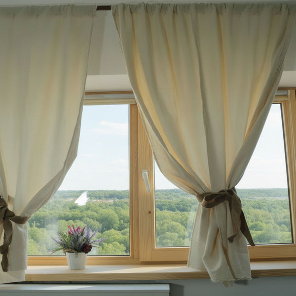 Draperii din bumbac fiert, semi-transparente și cu aspect creponat - vedere spre parc