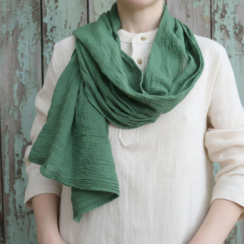 Esarfa din panza topita. Esarfa unisex din bumbac. Șal/Fular - verde padure si tunica natur