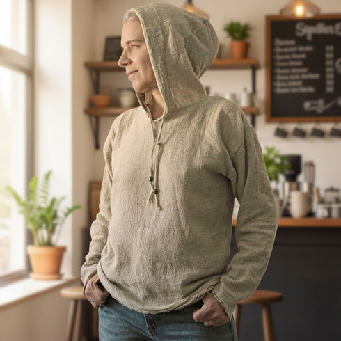 Hanorac lejer unisex din amestec de cânepă și bumbac nuanță bej natural cu glugă și șnur Foxenia