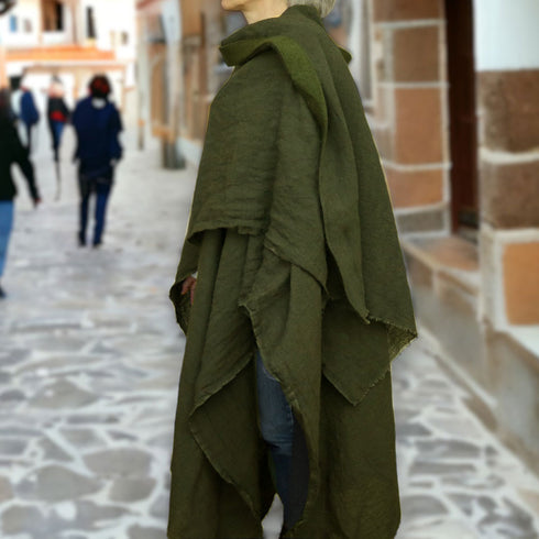 Pelerina unisex din canepa si bumbac stil medieval poncho universal verde - Foxenia