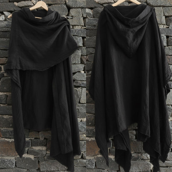 Pelerina medievala tip poncho cu gluga din canepa si bumbac maro pamantiu stil Jedi Foxenia - ansamblu