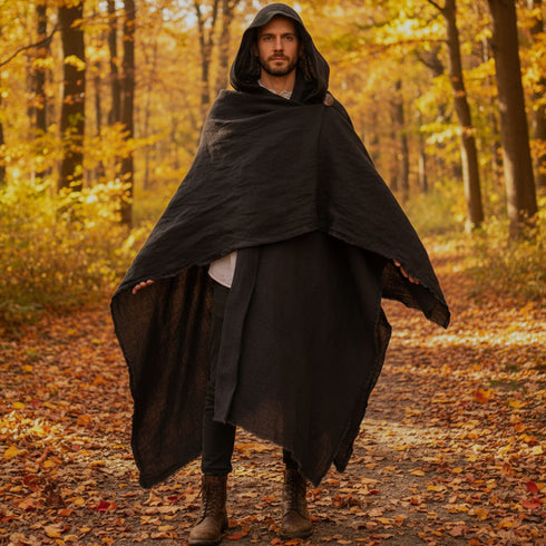 Pelerina medievala tip poncho cu gluga din canepa si bumbac maro pamantiu stil Jedi Foxenia
