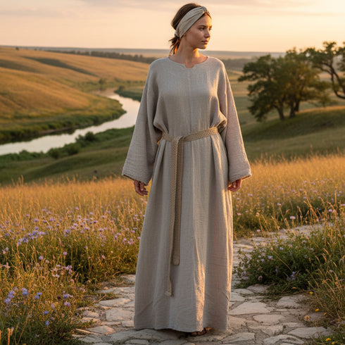 Tunica unisex din panza topita de in si bumbac, culoare natur